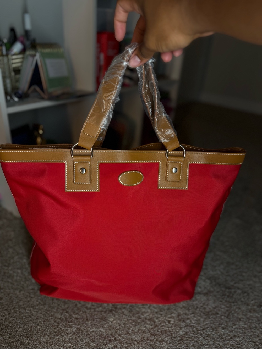 Red Tote Bag with Tan Trim - Women's Handbag